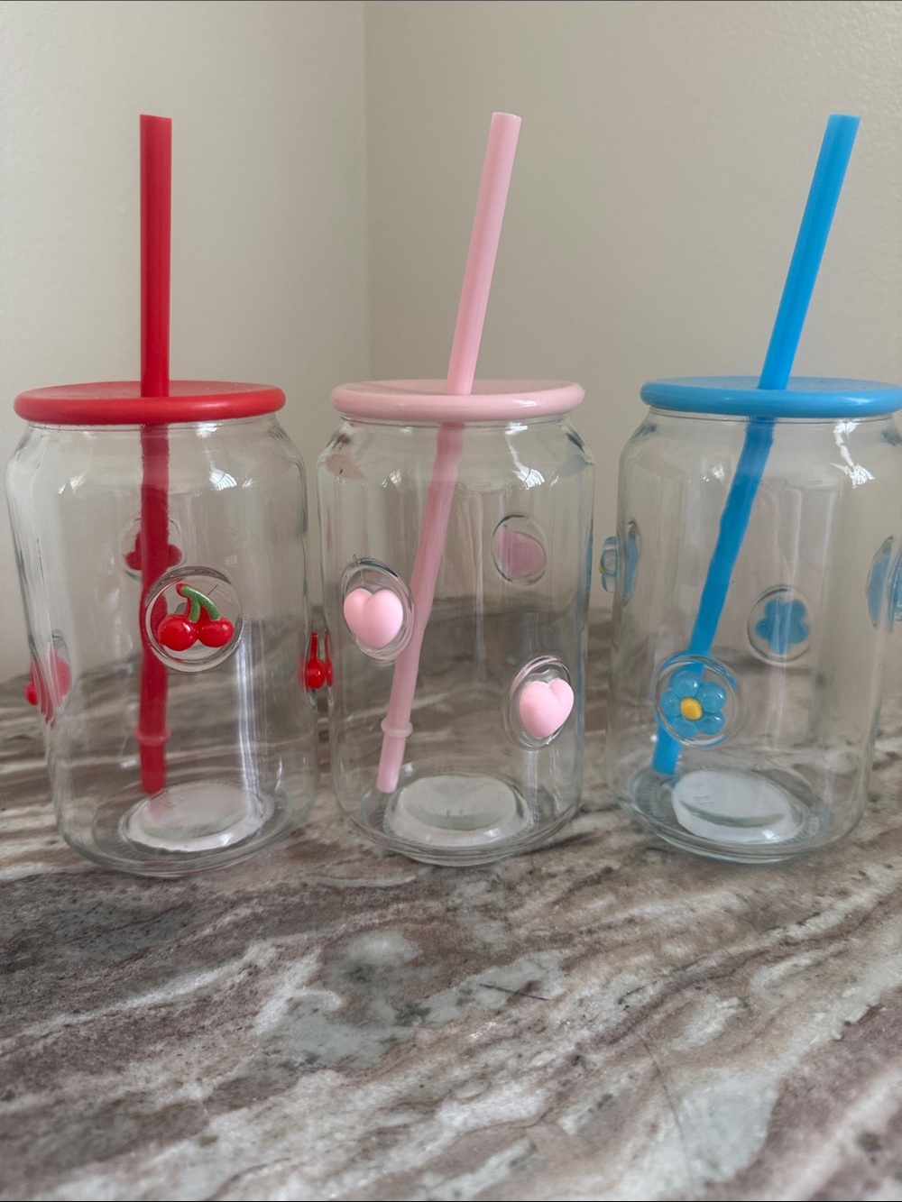 Glass Fruit & Heart Straw Tumbler with Lid - Pink, Red, Blue